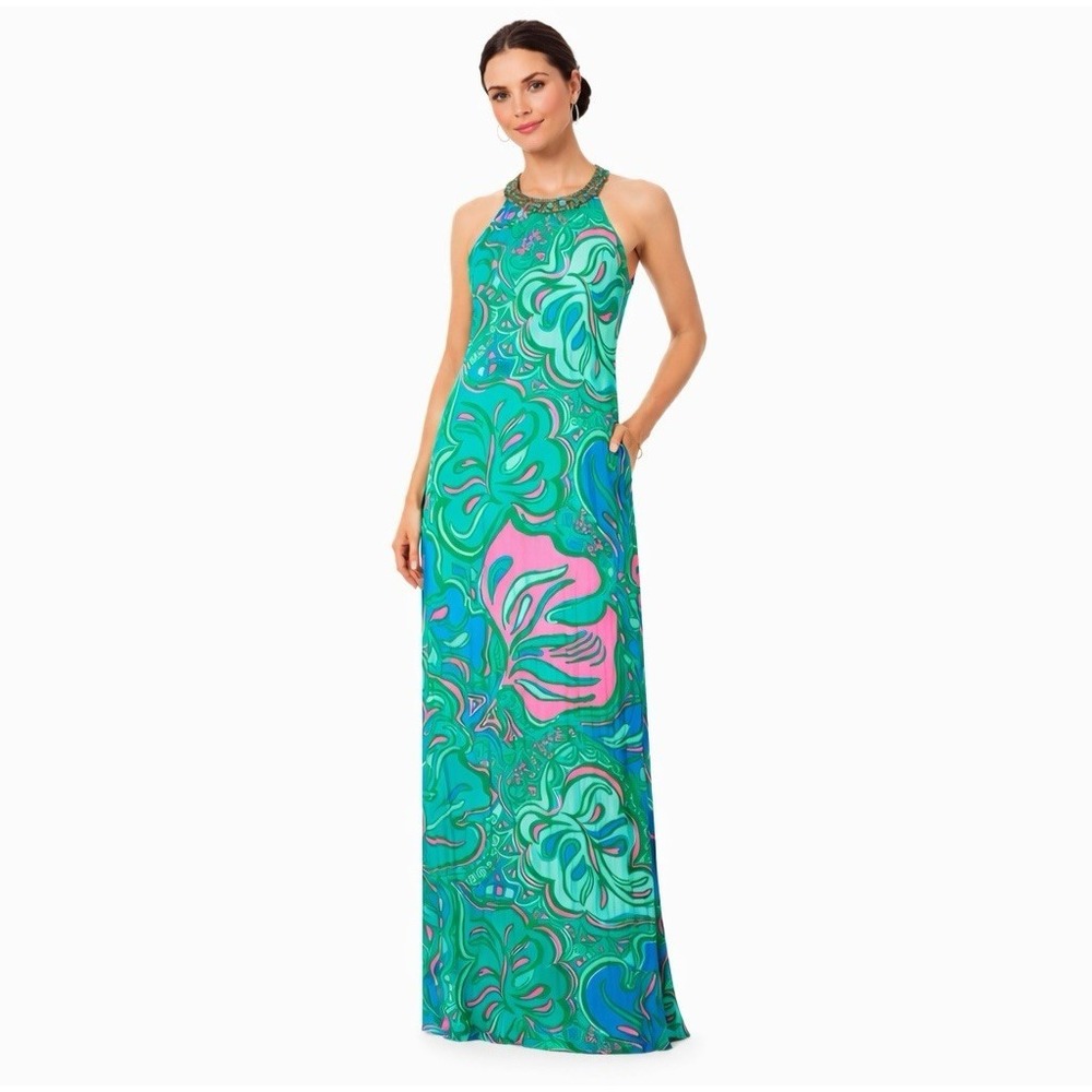 Lilly Pulitzer Franconia Maxi Halter Dress Sz 0 Retro Boho Tropical Beaded Silky